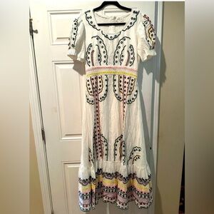 BOHME White and Embroidered Puff Sleeve Maxi Dress